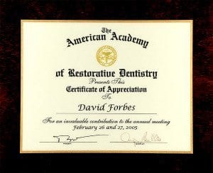 Certificate Appreciation American Academy Restorative Dentistry 2005